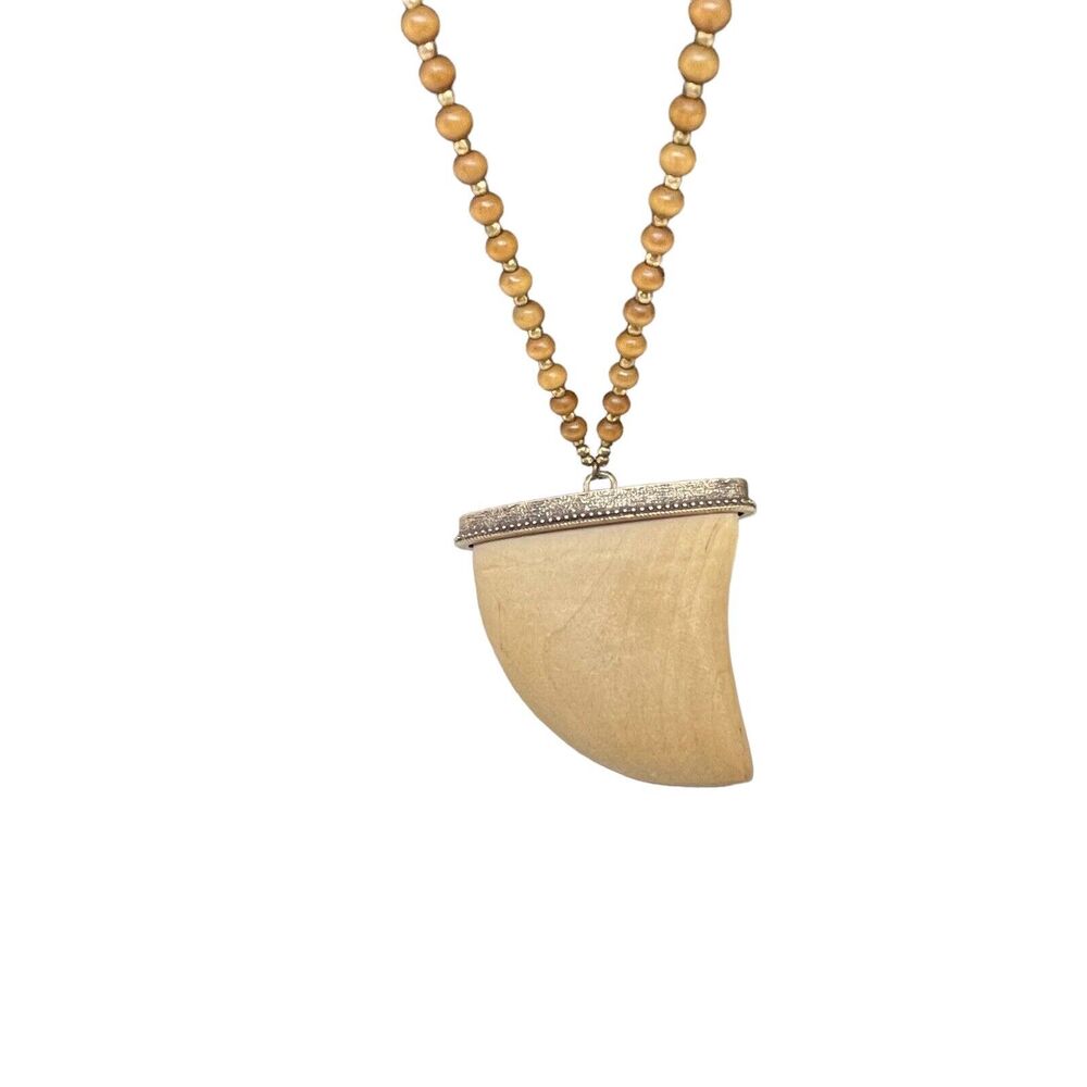 Wooden Fang Tooth Necklace Wood Bead Statement Chunky Metal Mount Women's Unisex